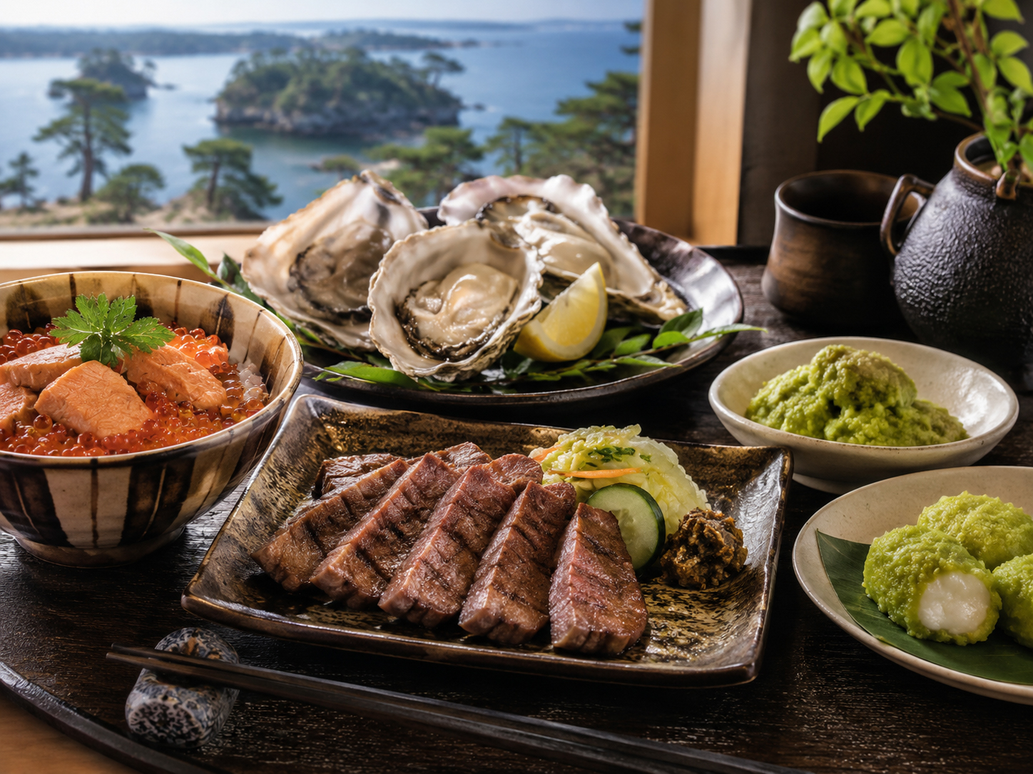 仙台牛たん、ずんだ、松島牡蠣、はらこ飯が並ぶ宮城の食卓。
