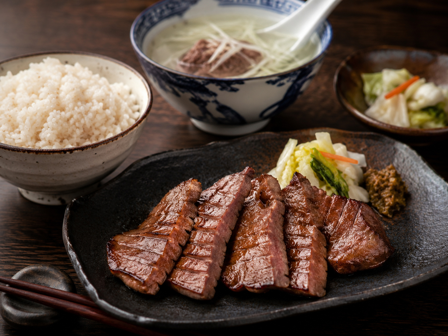 仙台牛たん。炭火で焼いた厚切り牛たん、麦飯、テールスープ。
