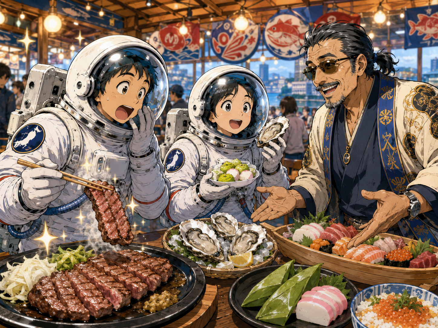 牛たん、ずんだ、牡蠣、寿司を前にする宇宙飛行士と宮城のおじさん