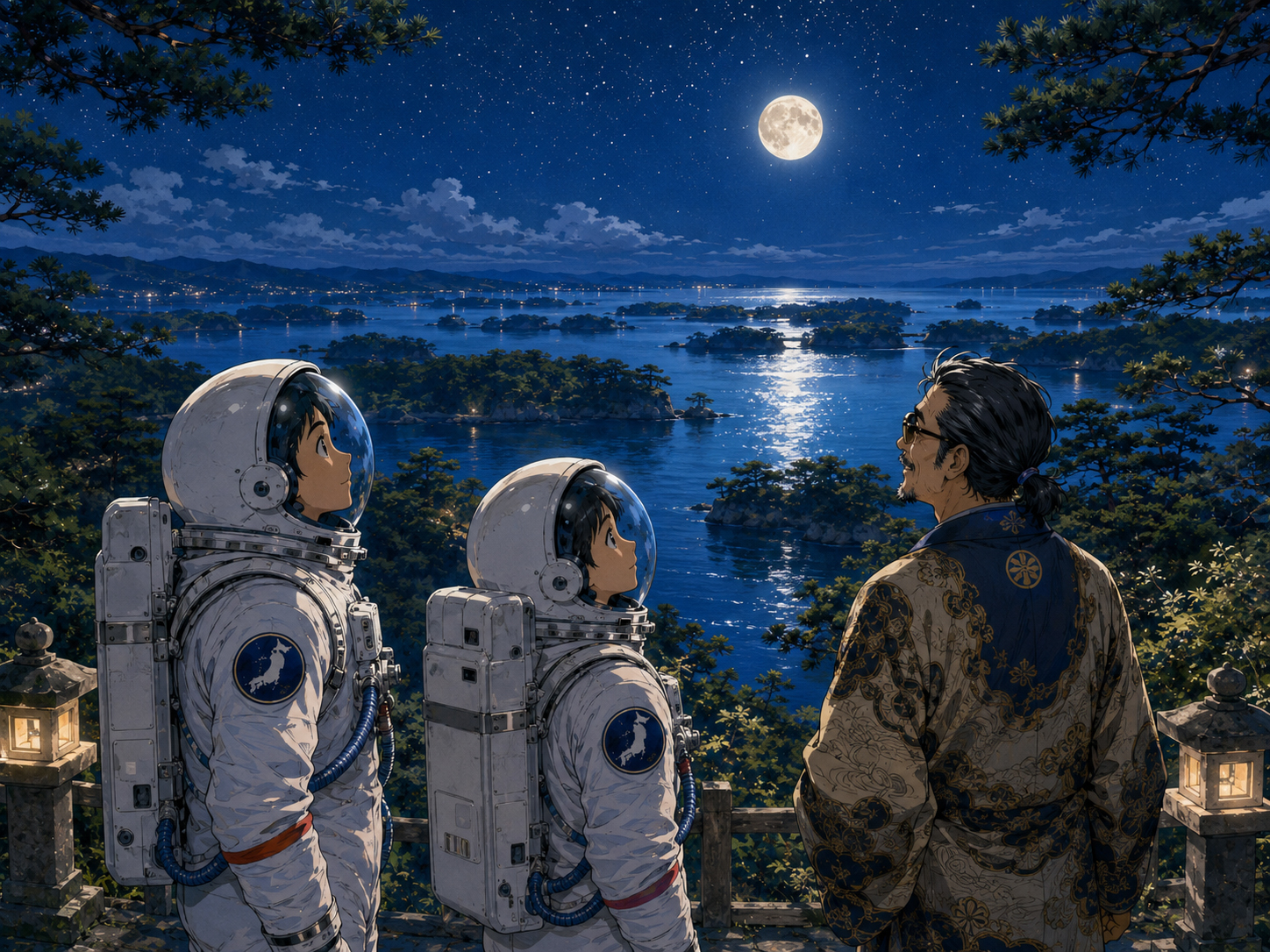 夜の松島湾、星、島々を眺める宇宙飛行士と宮城のおじさん