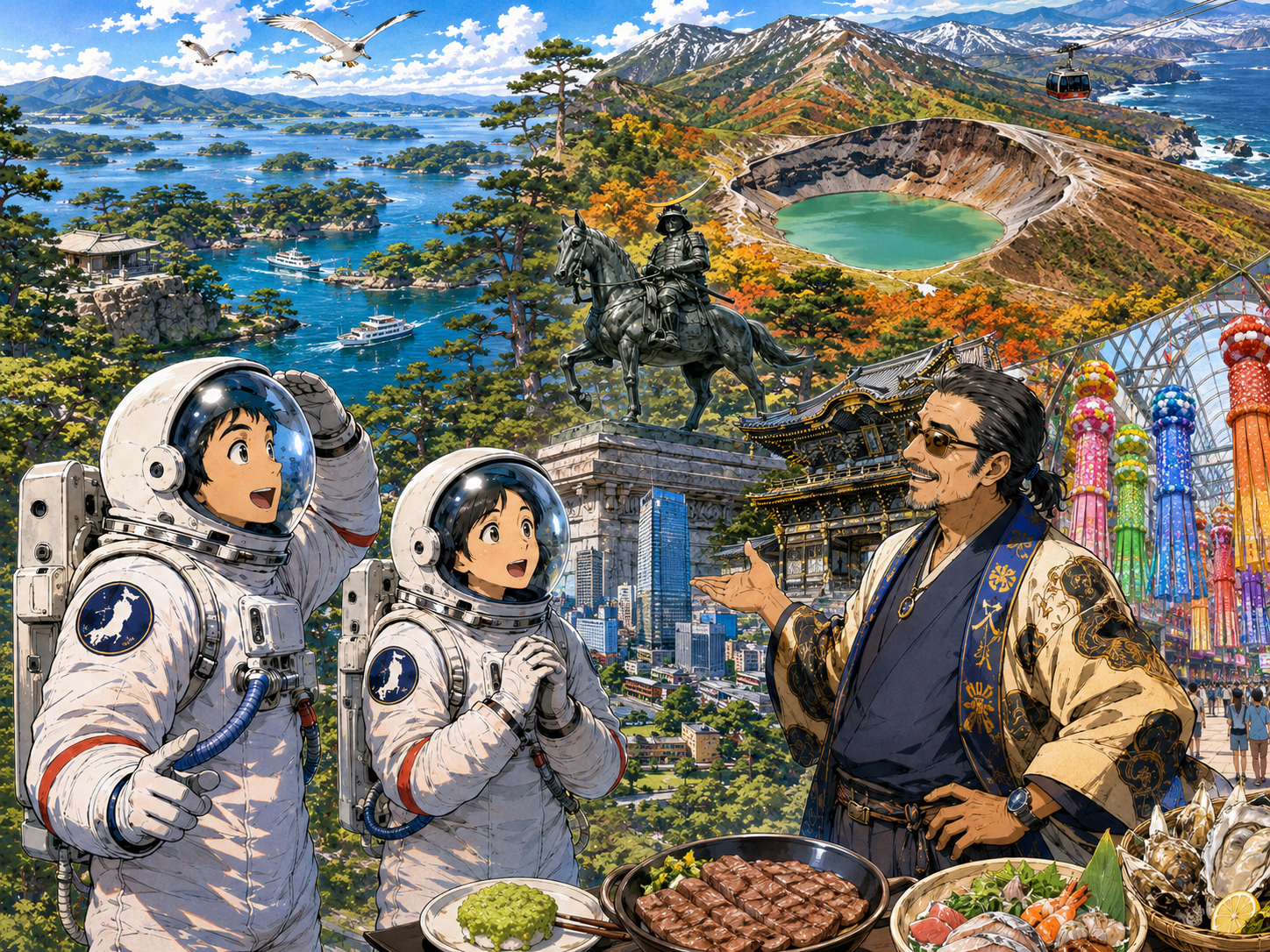 宇宙飛行士に仙台、松島、蔵王、三陸を説明する宮城のおじさん