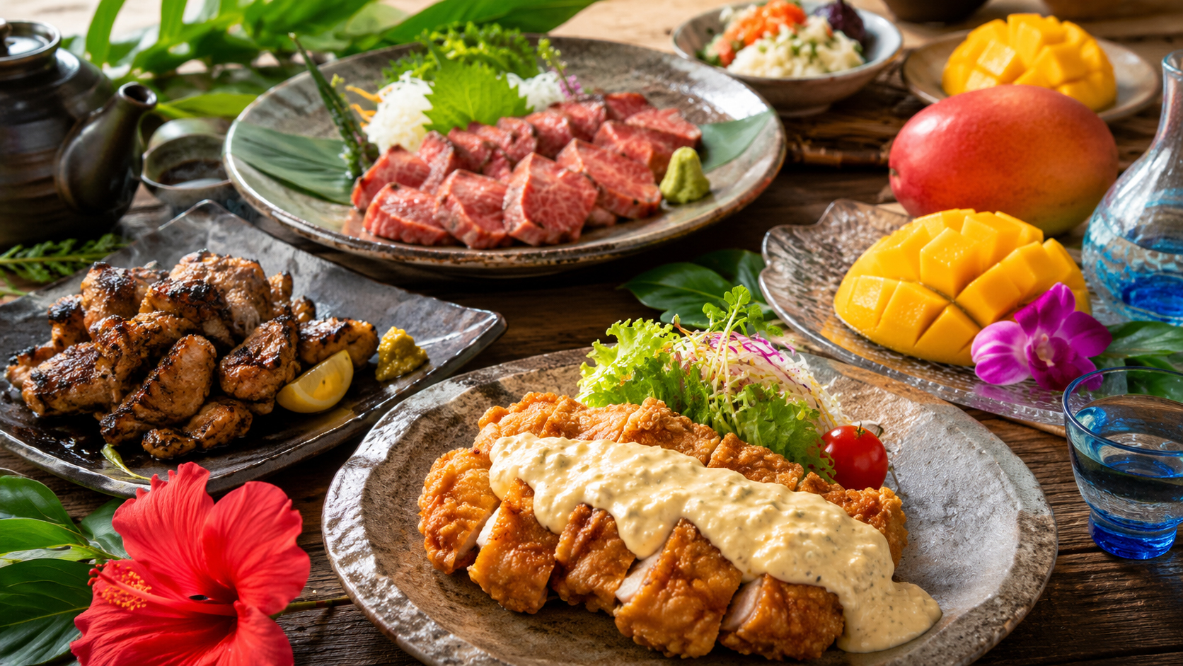 チキン南蛮、地鶏炭火焼、完熟マンゴー、宮崎牛が並ぶ宮崎の食卓。