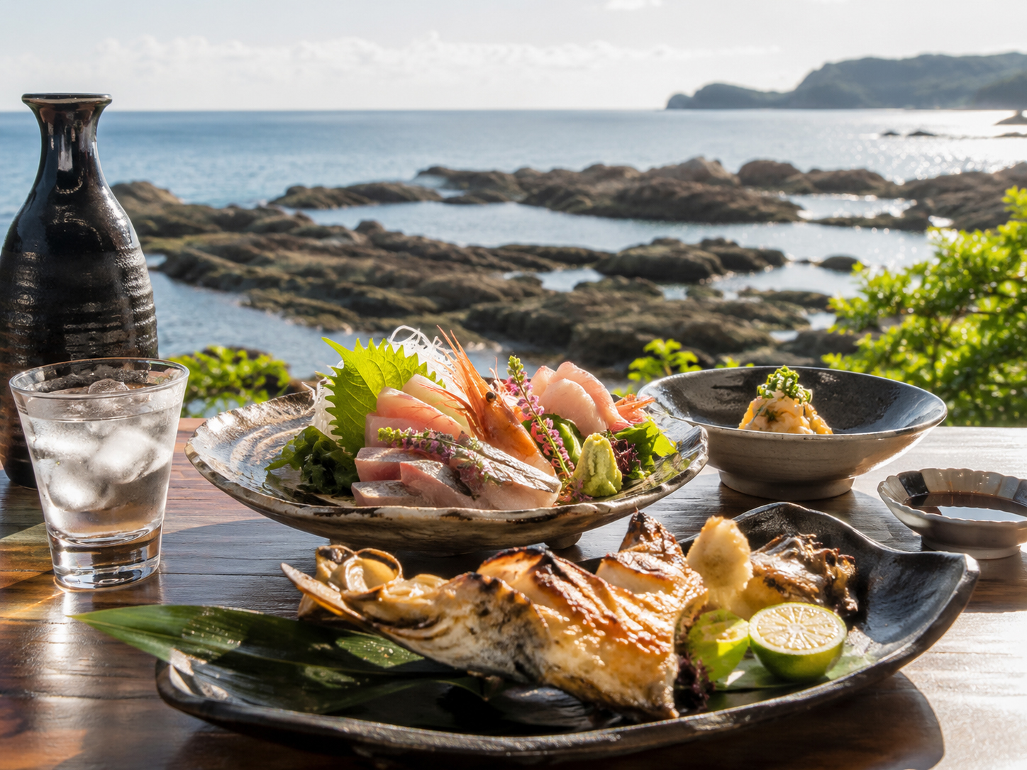 宮崎焼酎、日南海岸の海鮮、伊勢えび、地魚の食卓。