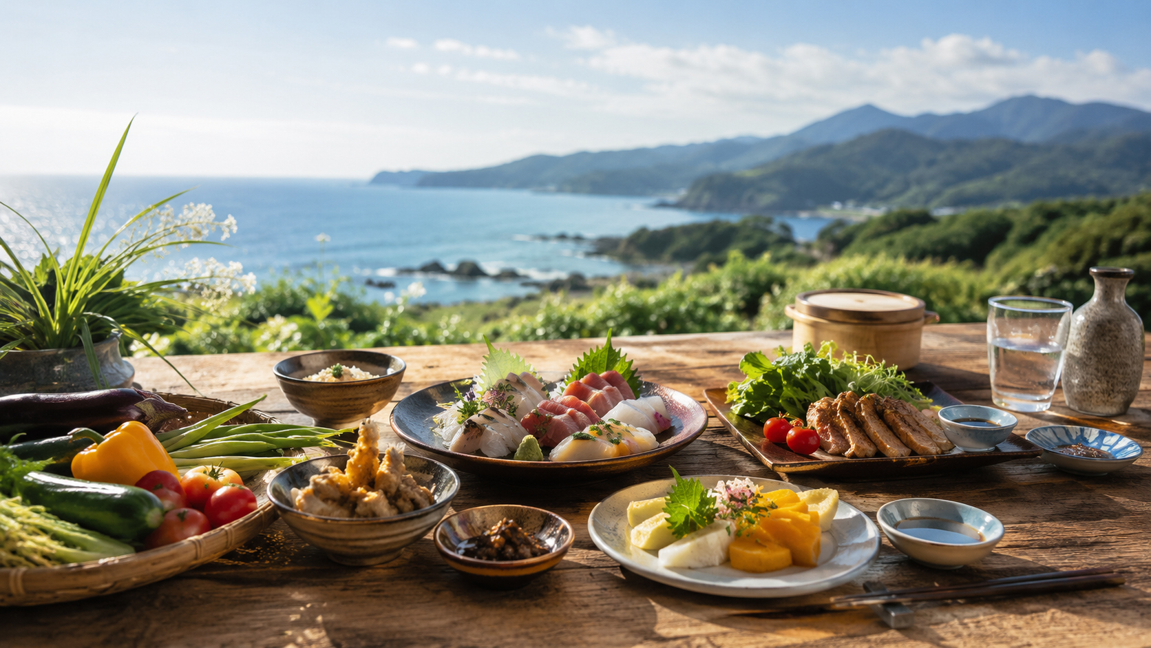 宮崎の太陽、日南海岸、山、果実、鶏料理を思わせる食卓。