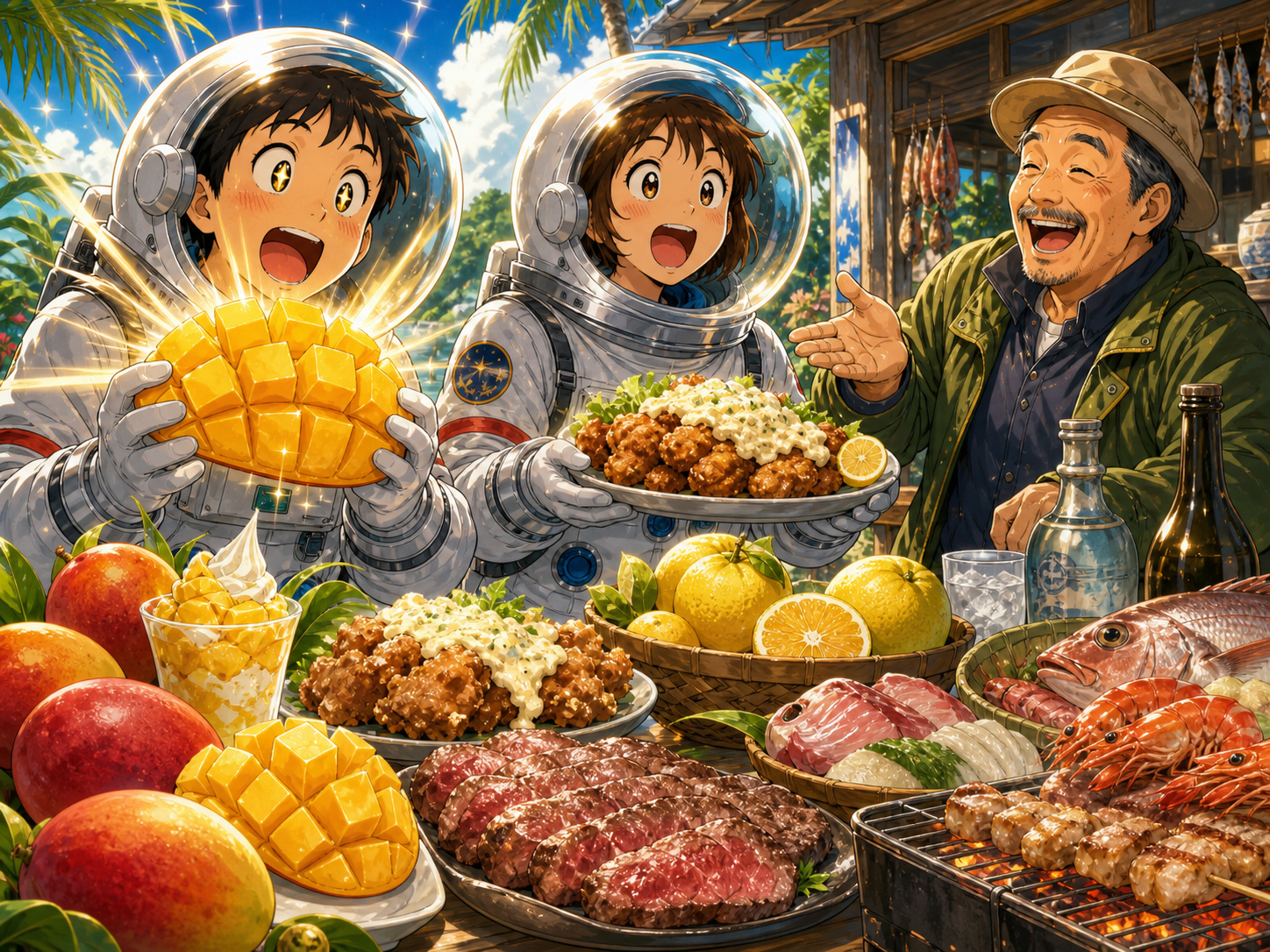 マンゴー、チキン南蛮、宮崎牛、地鶏、焼酎を前にする宇宙飛行士と宮崎のおじさん