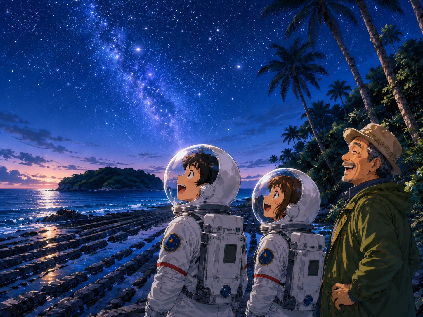 夜の青島、太平洋、星、鬼の洗濯板を眺める宇宙飛行士と宮崎のおじさん