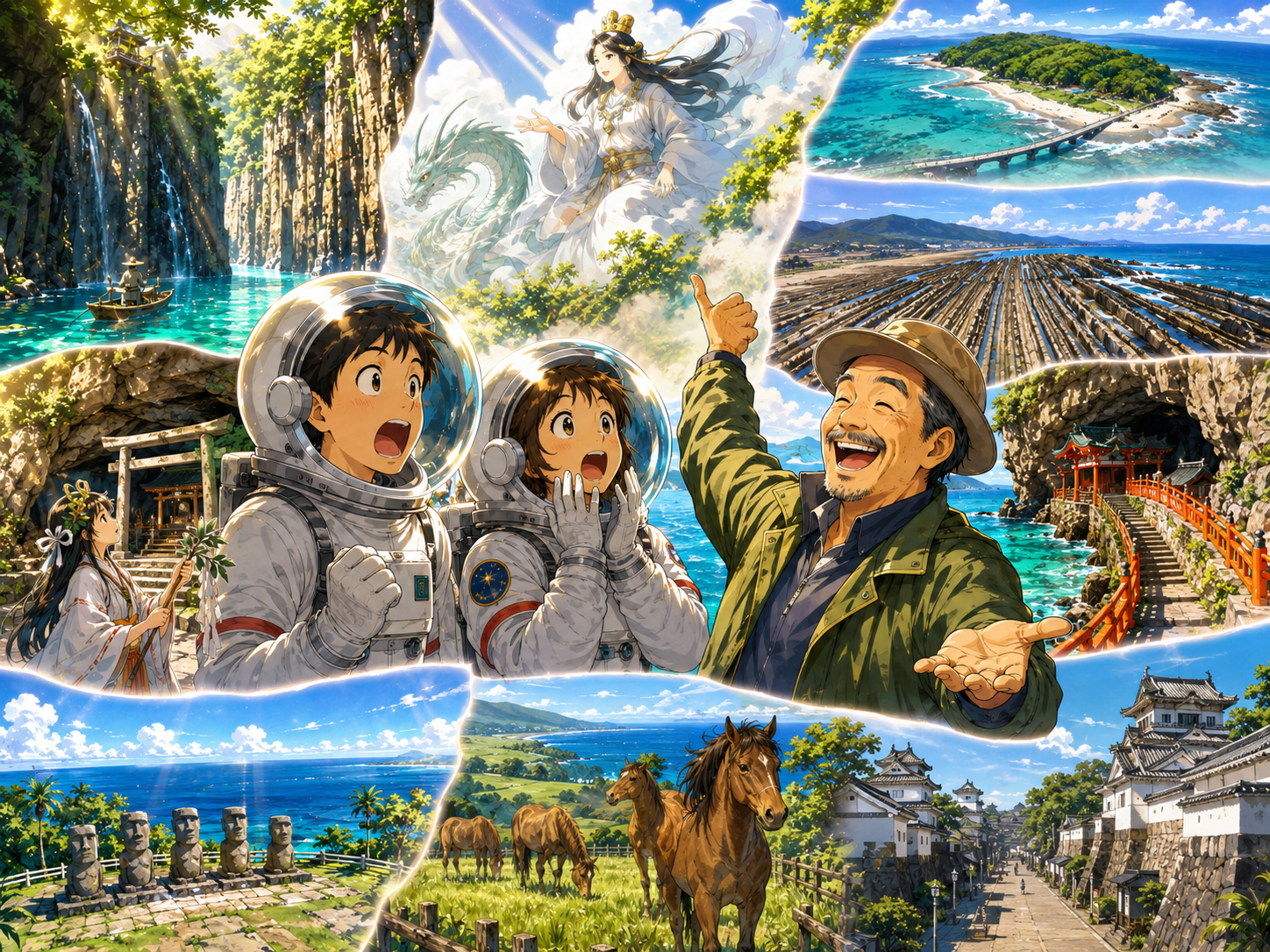 宇宙飛行士に高千穂、青島、鵜戸神宮、日南海岸を説明する宮崎のおじさん