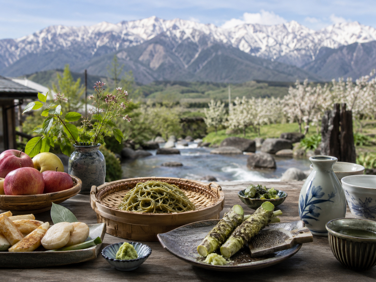 長野の山、果樹園、わさび田、そばを思わせる食卓。