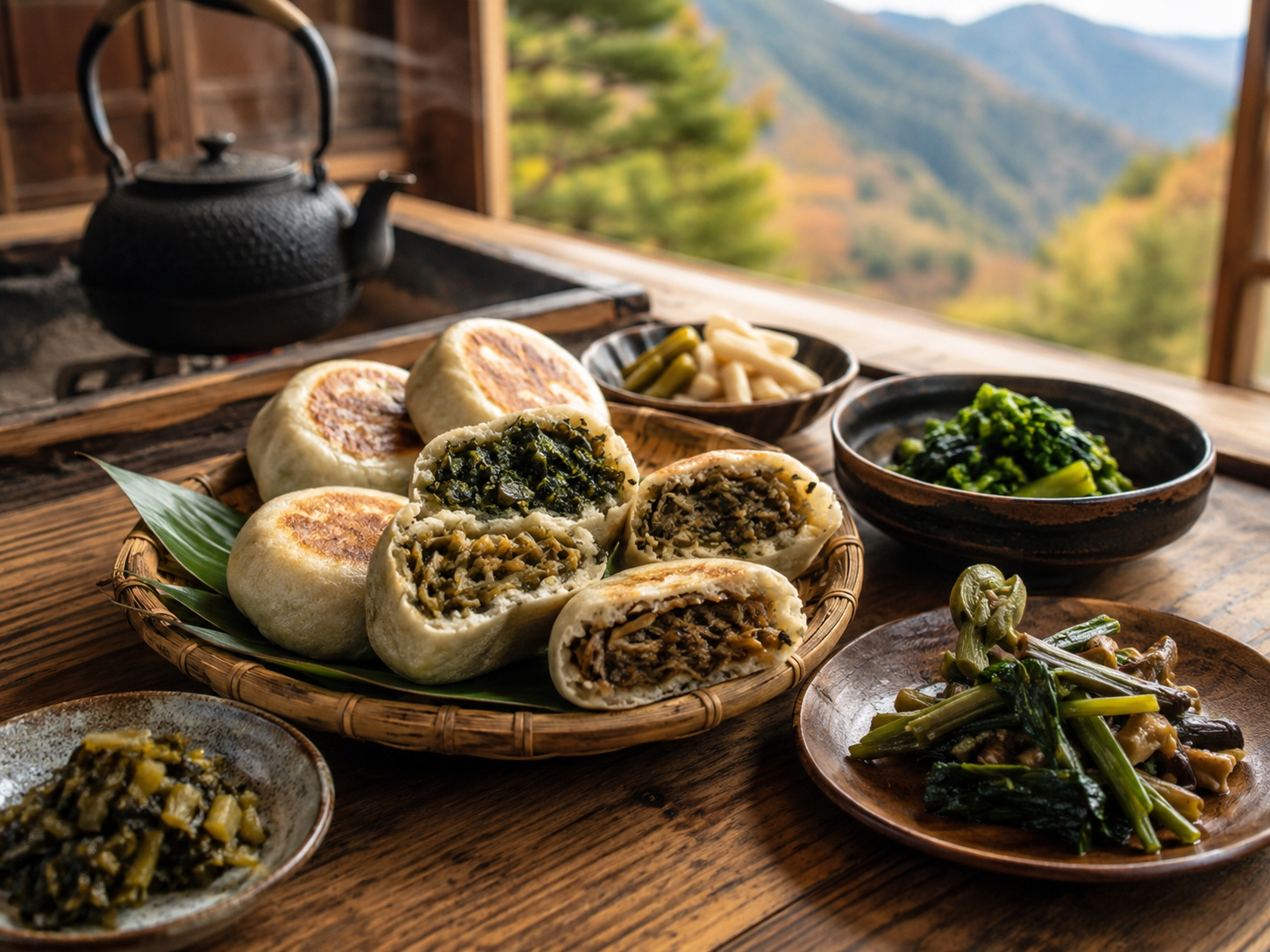 長野のおやきと野沢菜。山菜、きのこ、野菜を包んだ焼き餅。