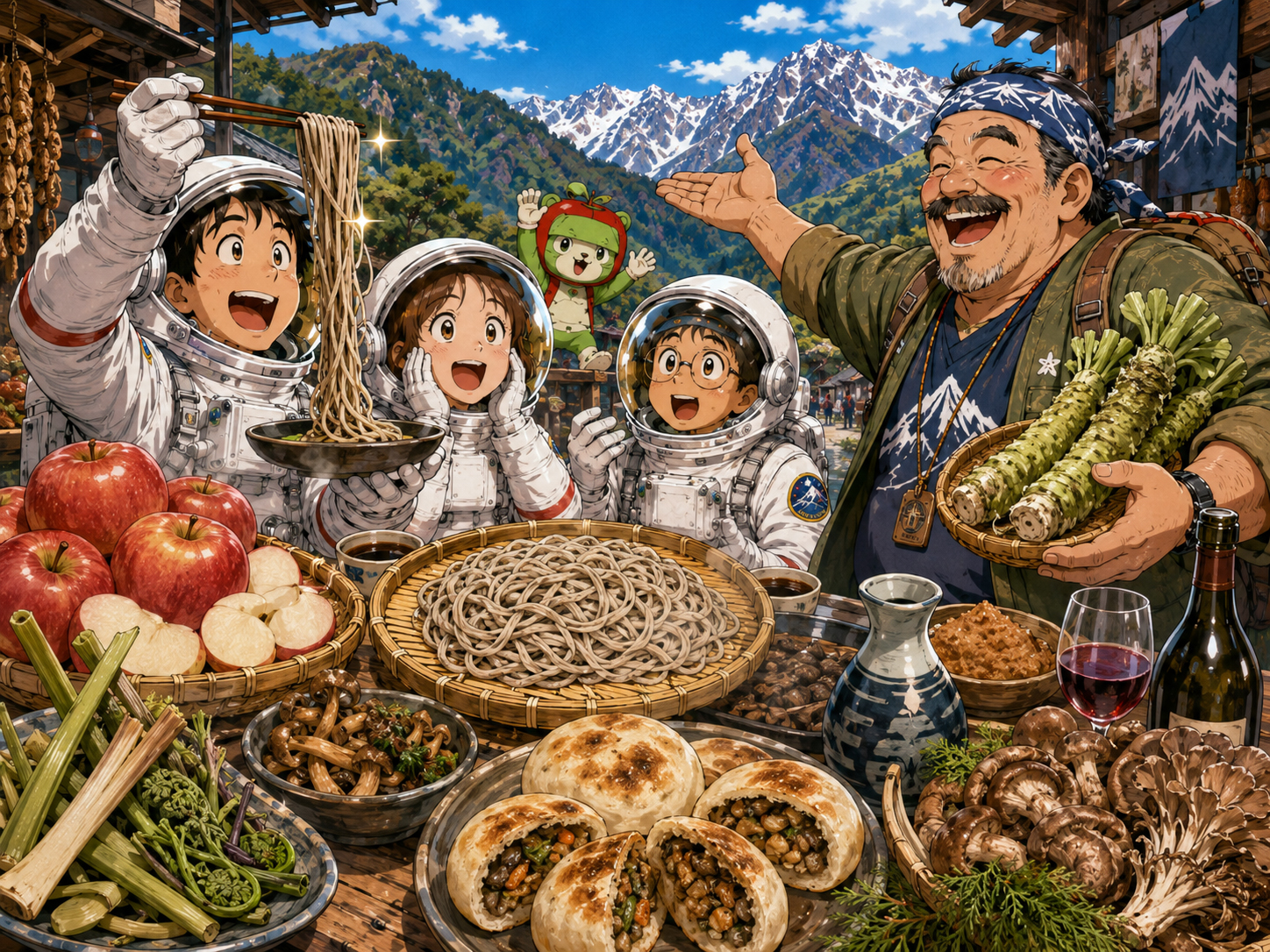 信州そば、りんご、わさび、おやき、味噌を前にする宇宙飛行士と長野のおじさん