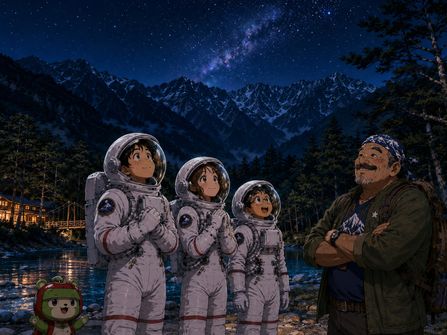 夜の上高地、日本アルプス、星、川を眺める宇宙飛行士と長野のおじさん