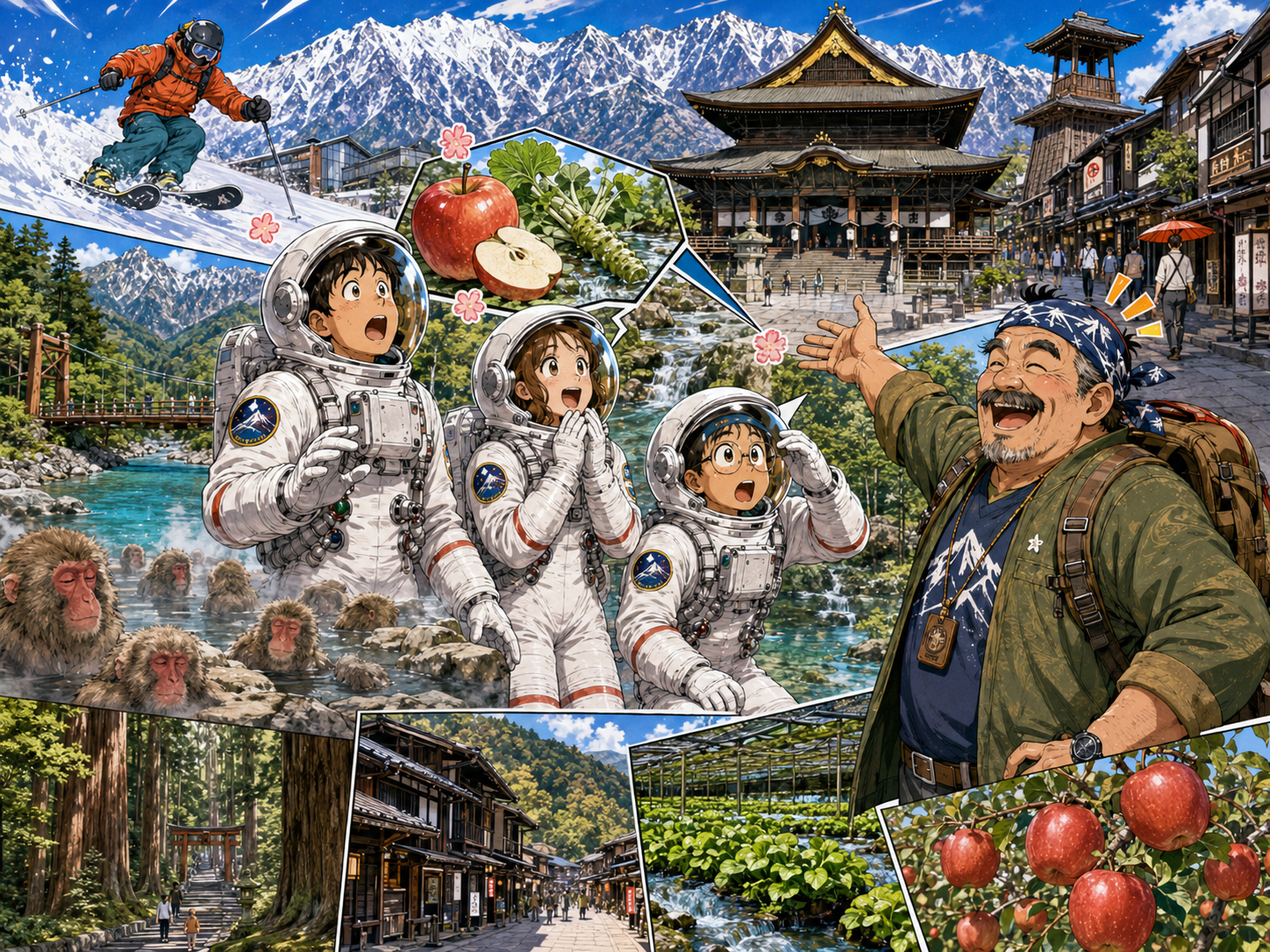 宇宙飛行士に善光寺、上高地、温泉猿、白馬を説明する長野のおじさん