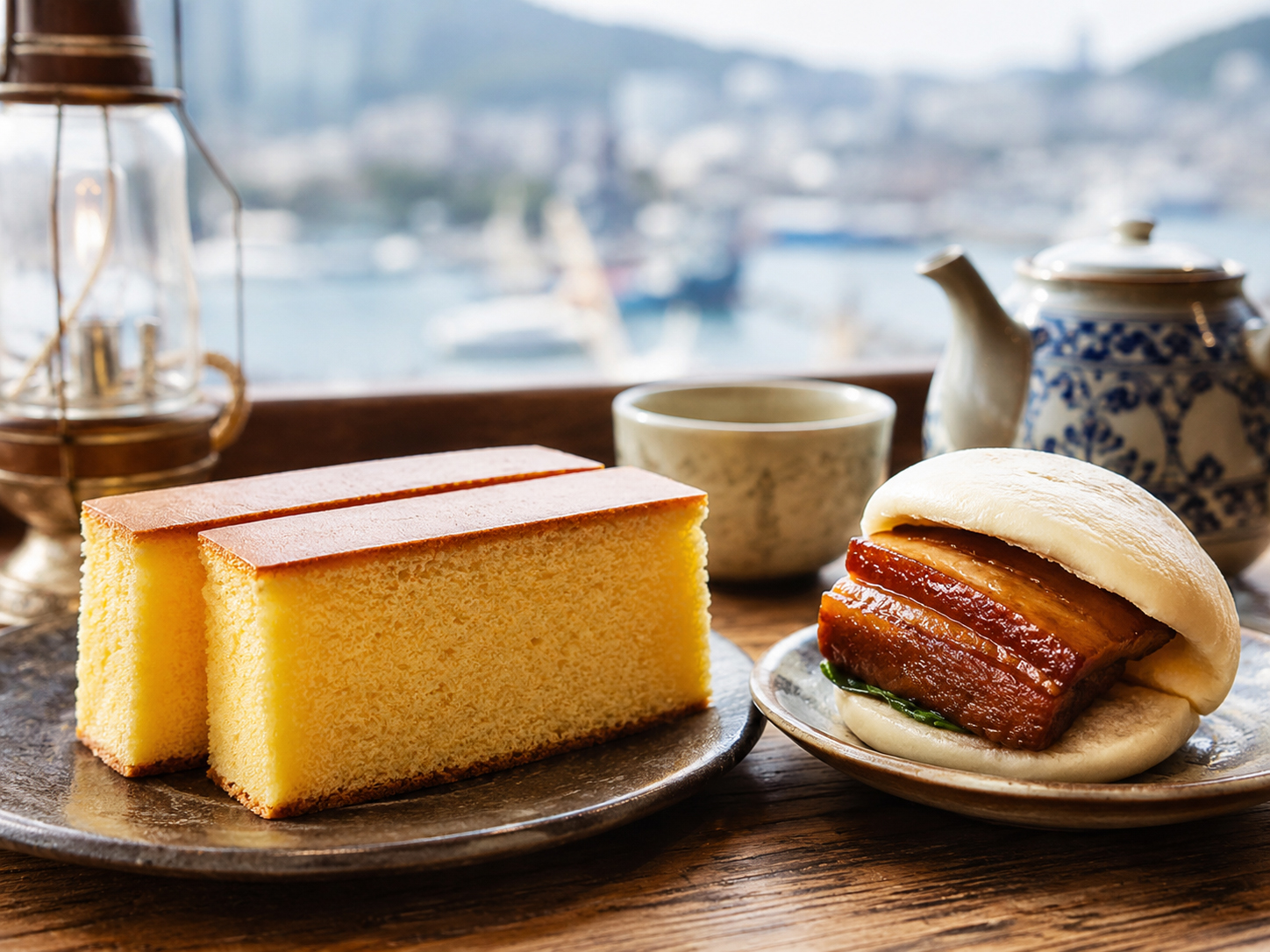 長崎カステラと角煮まんじゅう。南蛮菓子と卓袱由来の豚角煮。
