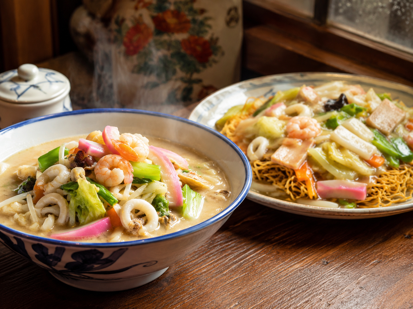 長崎ちゃんぽんと皿うどん。野菜、魚介、豚肉、あんかけ麺。