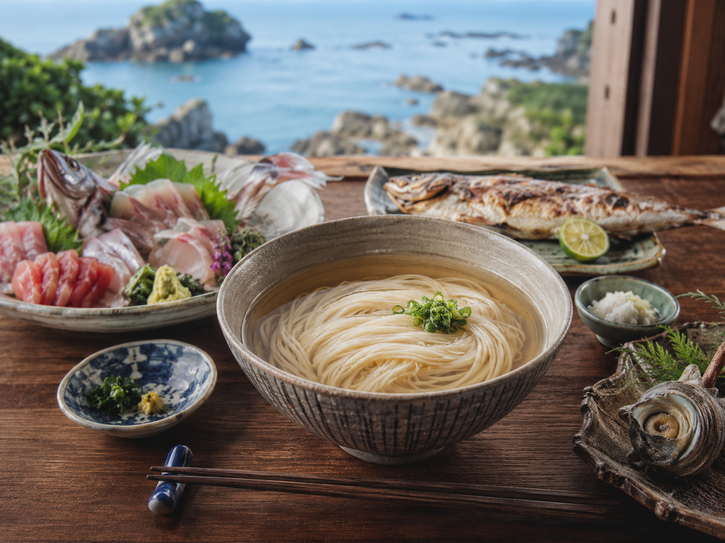 五島うどんと島の海鮮。細いうどん、あごだし、島の魚。