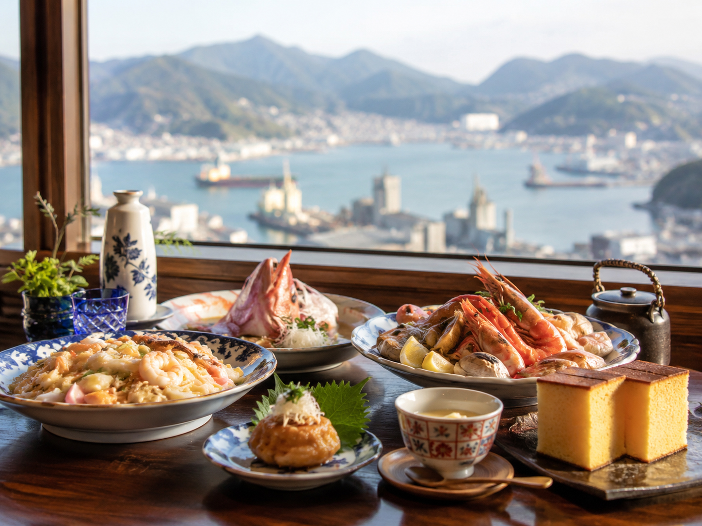 長崎港、島々、ちゃんぽん、カステラ、魚料理を思わせる食卓。