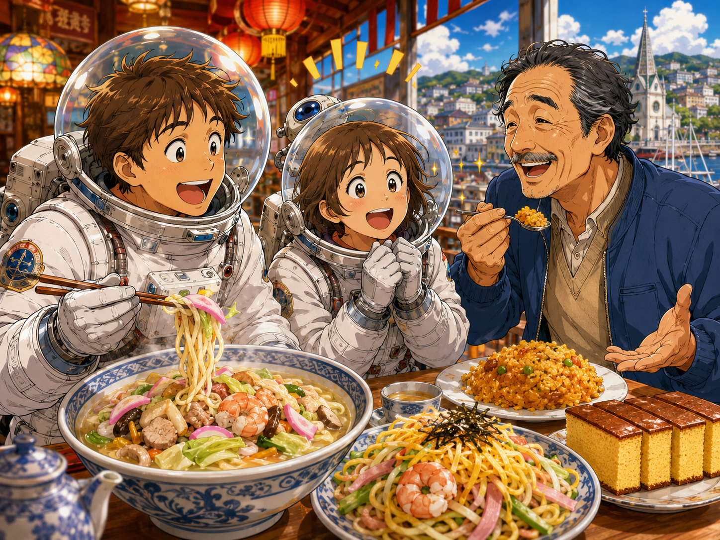 ちゃんぽん、皿うどん、カステラ、トルコライスを前にする宇宙飛行士と長崎のおじさん