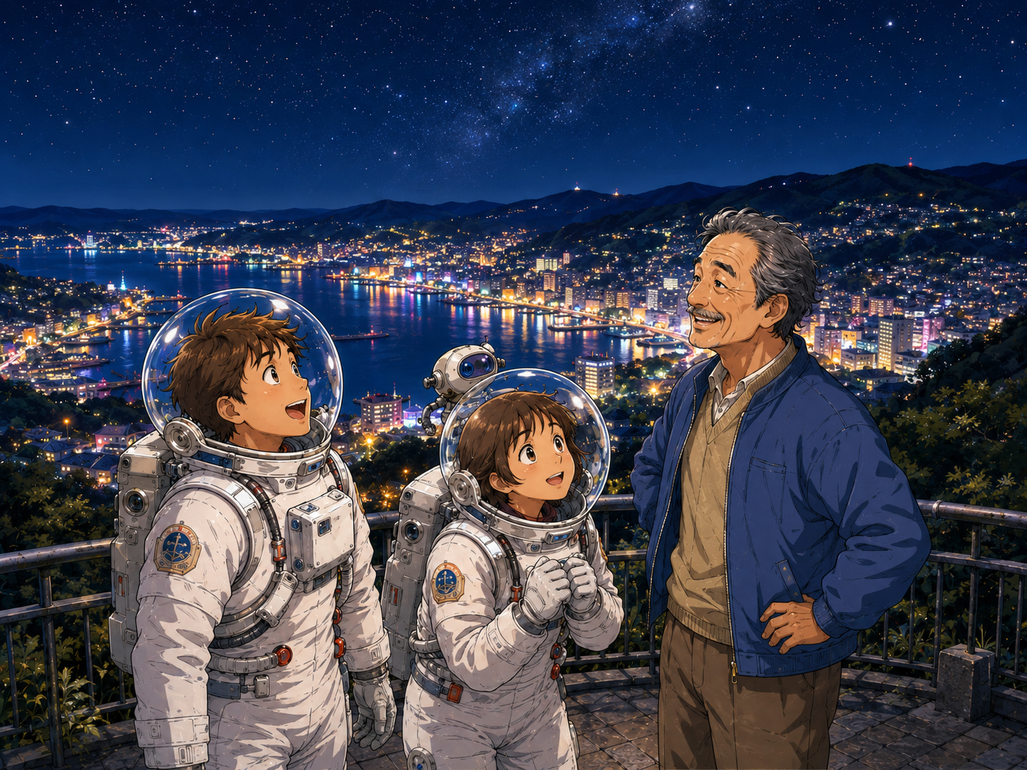 夜の稲佐山、長崎港、星、夜景を眺める宇宙飛行士と長崎のおじさん