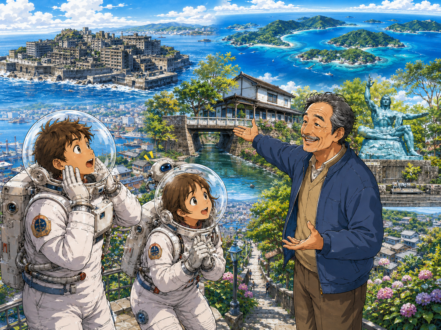 宇宙飛行士に出島、平和公園、軍艦島、五島列島を説明する長崎のおじさん