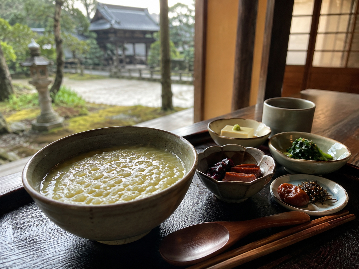 奈良の茶粥と奈良漬。ほうじ茶で炊いた粥、漬物、寺の朝食。