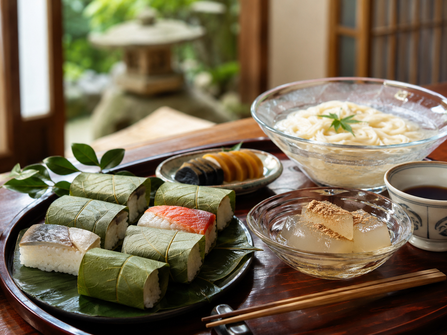 柿の葉寿司、三輪そうめん、吉野本葛、奈良漬が並ぶ奈良の食卓。