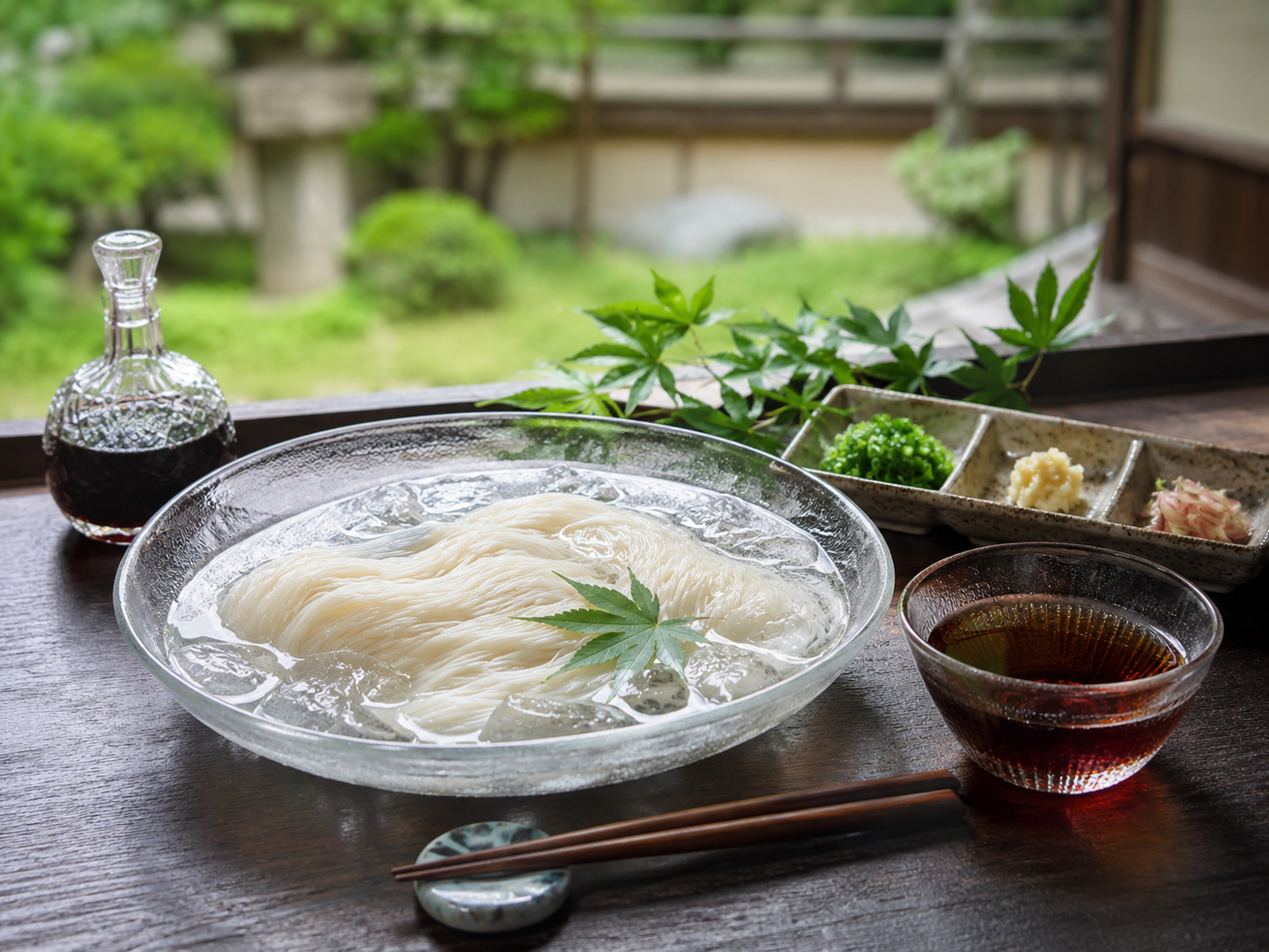 三輪そうめん。細いそうめん、冷たいつゆ、大神神社を思わせる食卓。