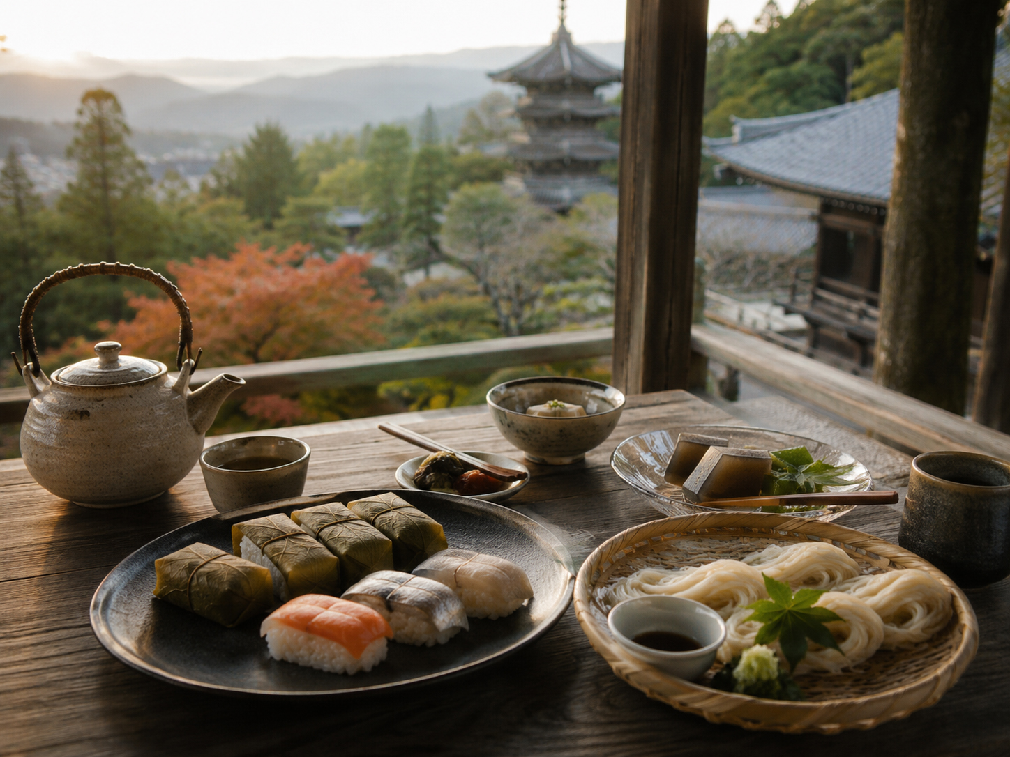 奈良の寺、山、古都、柿の葉寿司、茶粥を思わせる食卓。