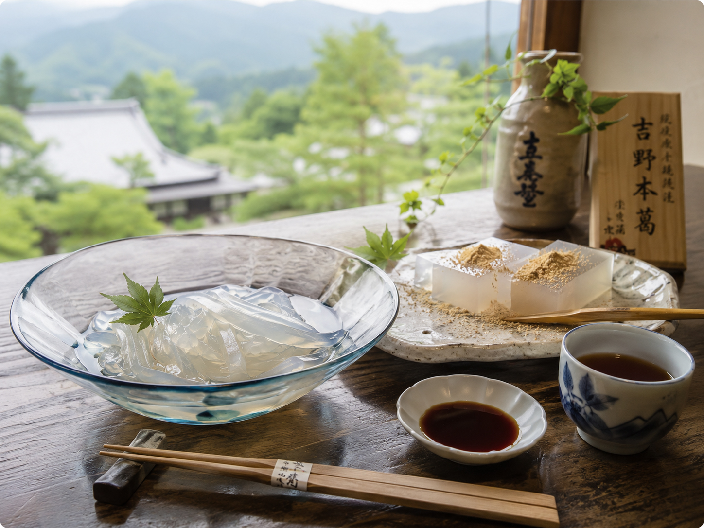 吉野本葛のくず餅、葛きり、葛湯。透明感のある奈良の甘味。