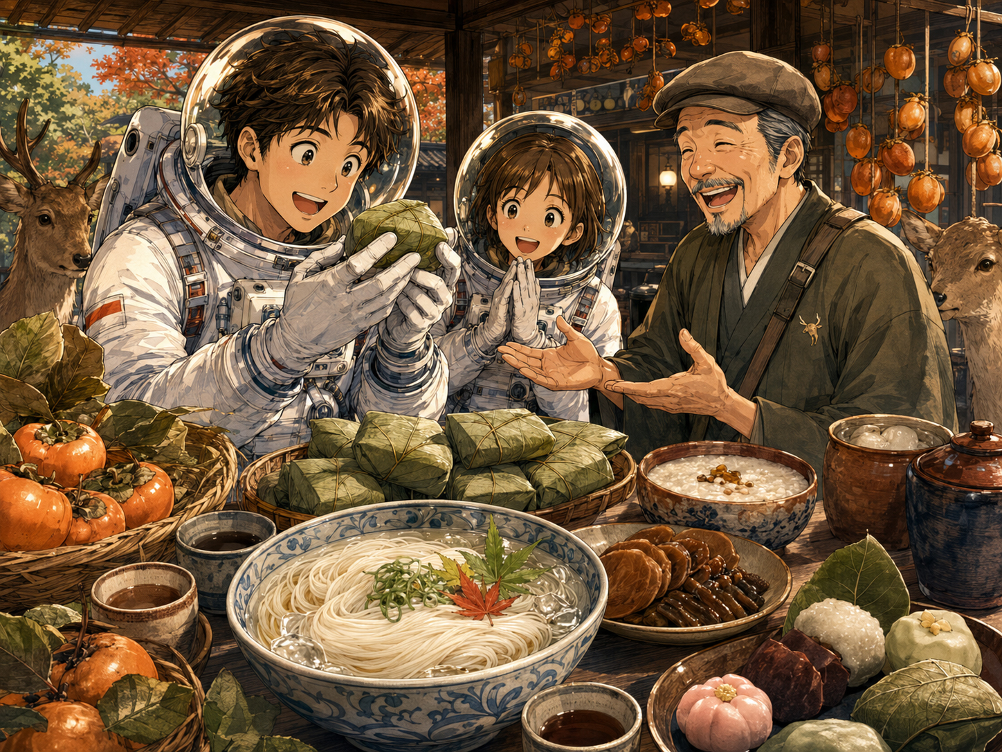 柿の葉寿司、三輪そうめん、奈良漬、茶粥を前にする宇宙飛行士と奈良のおじさん