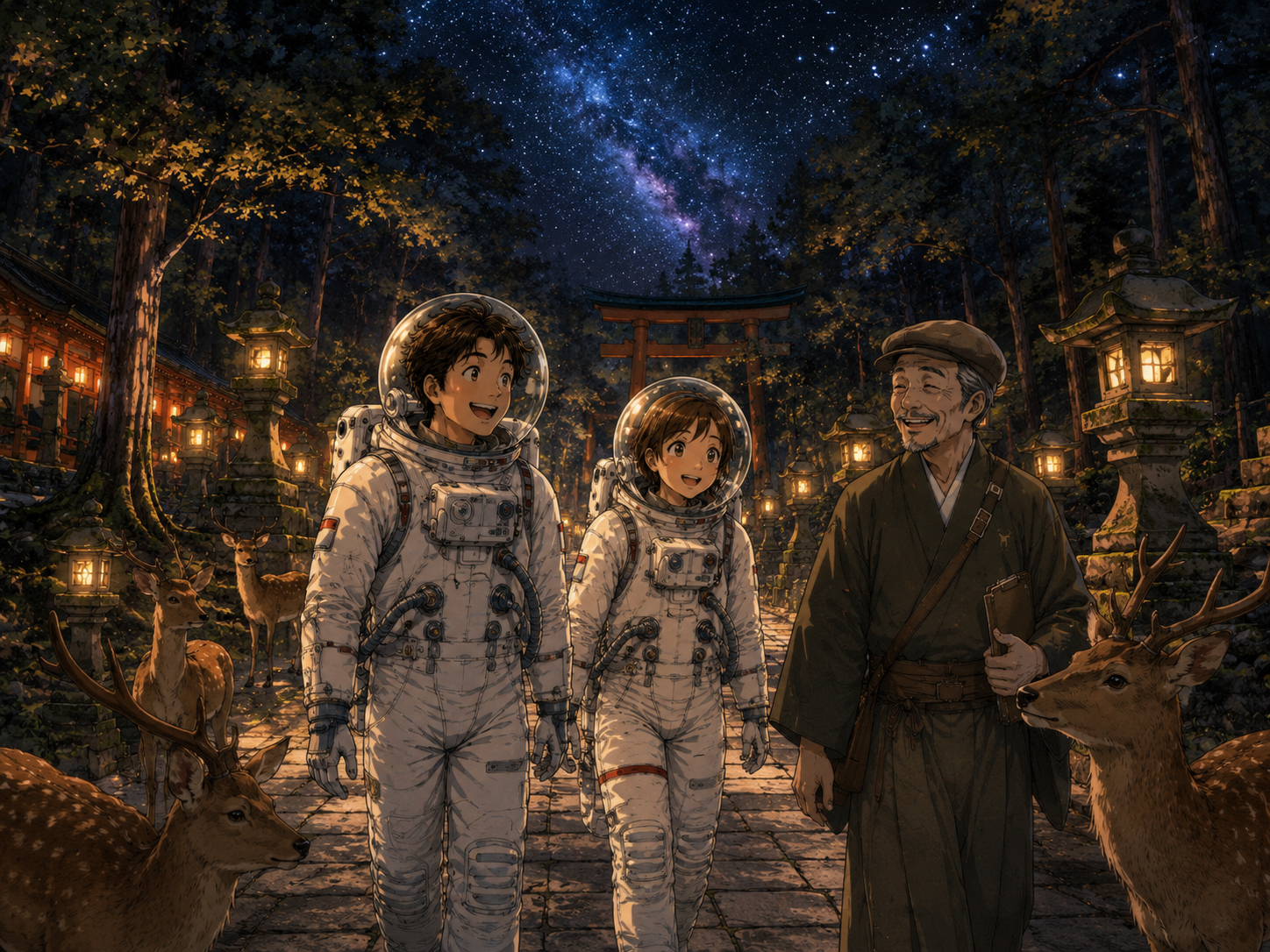夜の春日大社、灯籠、鹿、星を眺める宇宙飛行士と奈良のおじさん