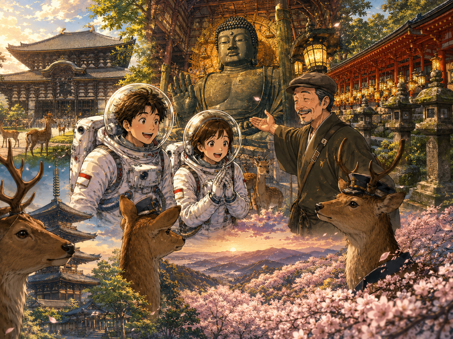 宇宙飛行士に東大寺、春日大社、法隆寺、吉野を説明する奈良のおじさん