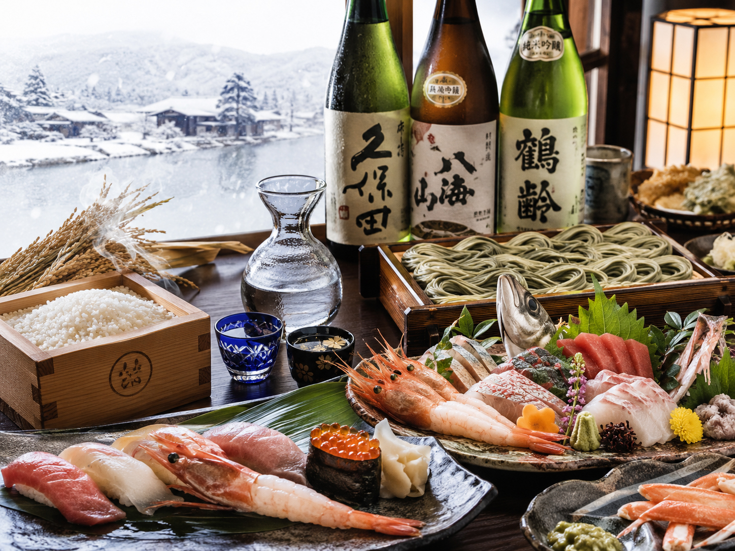 魚沼コシヒカリ、新潟清酒、へぎそば、日本海の海鮮が並ぶ新潟の食卓。