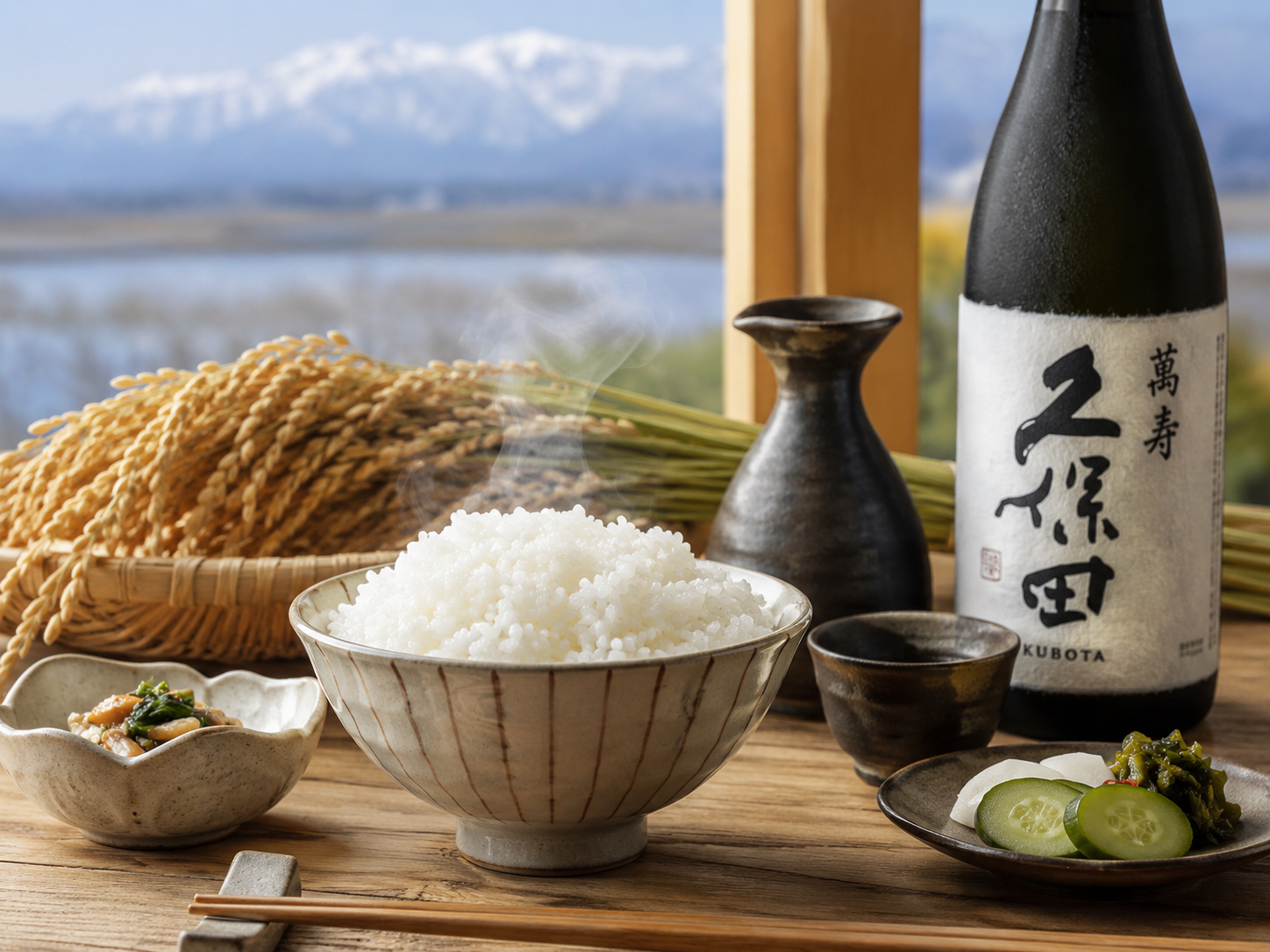 魚沼コシヒカリの白いご飯、新潟清酒、米どころの食卓。