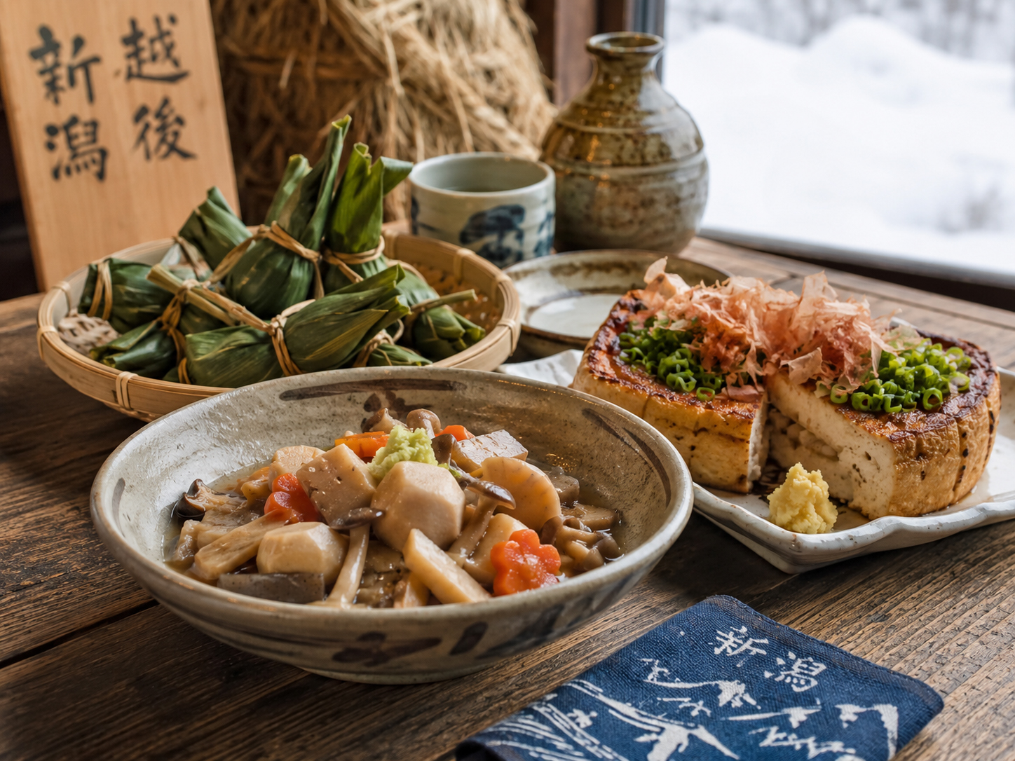 のっぺ、笹だんご、栃尾の油揚げ。新潟の郷土料理。