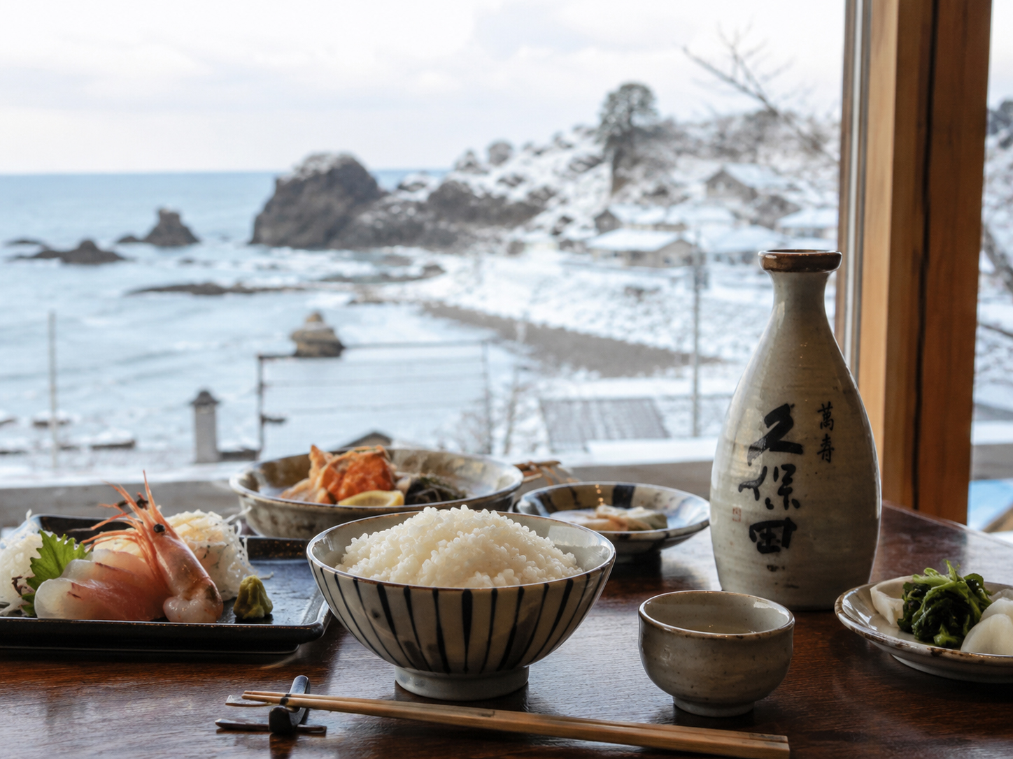 新潟の雪国、田んぼ、日本海、清酒を思わせる食卓。