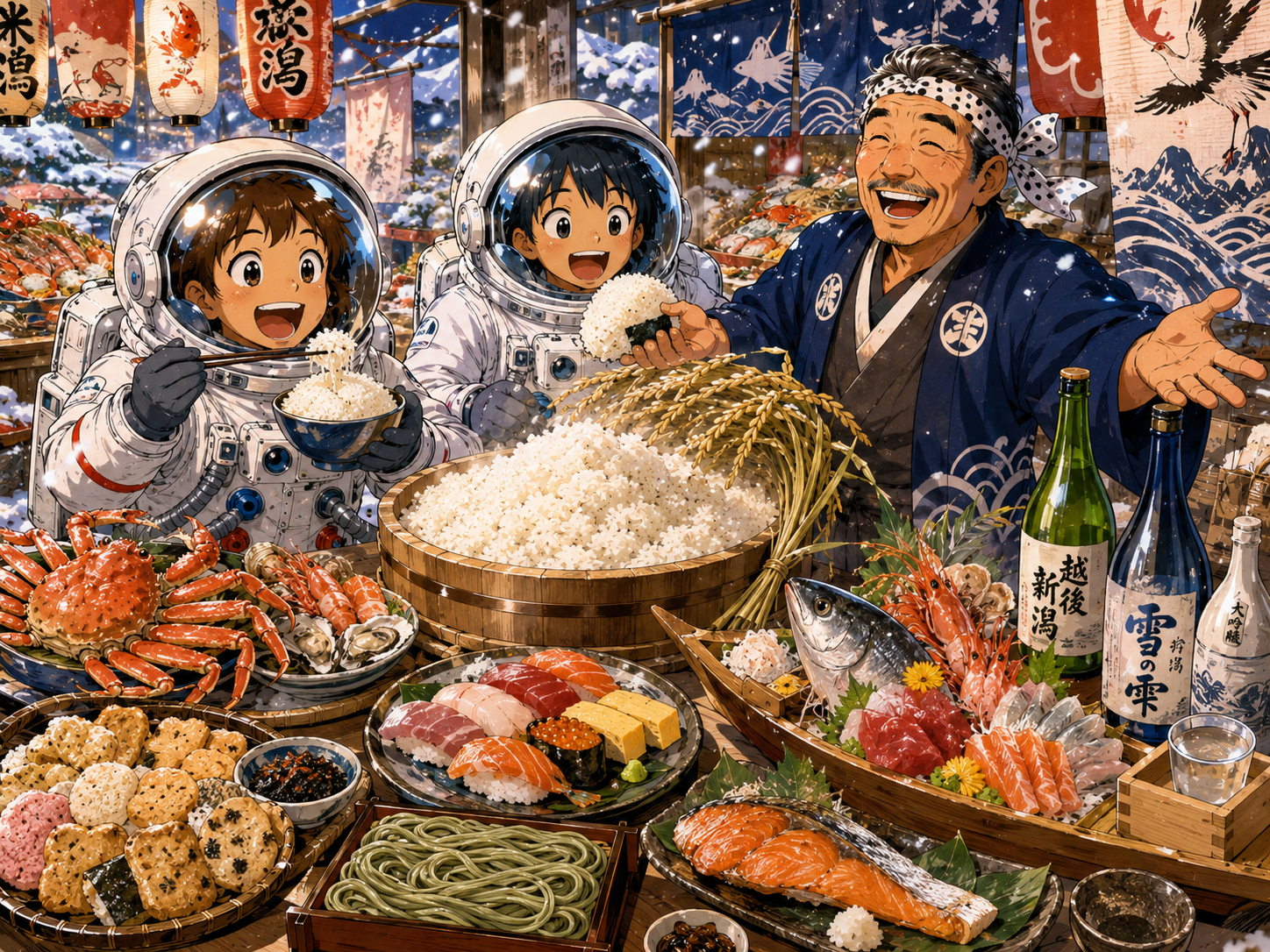 コシヒカリ、日本酒、村上鮭、海鮮を前にする宇宙飛行士と新潟のおじさん