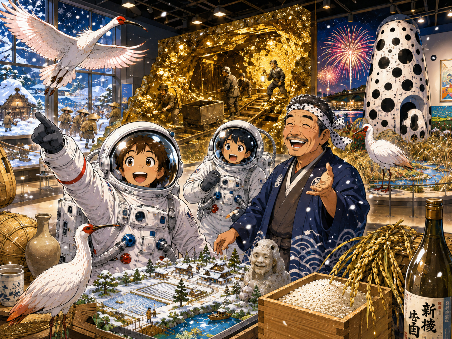 佐渡金山、トキ、雪国文化、越後妻有アートを学ぶ宇宙飛行士