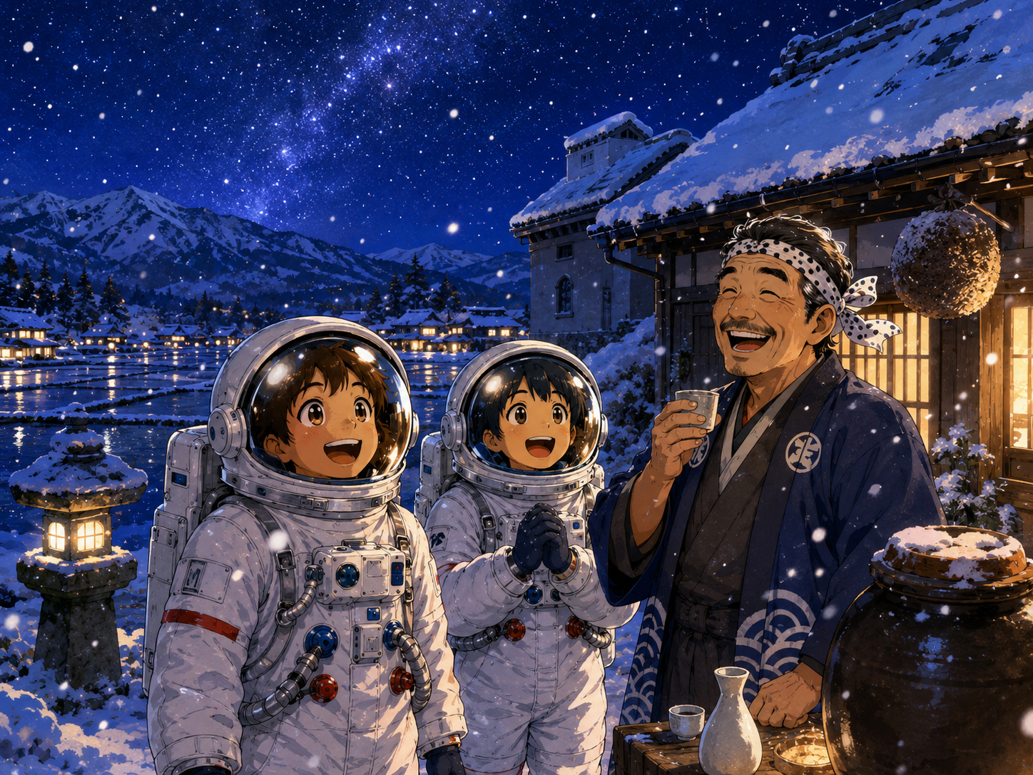 夜の雪国、星、酒蔵、雪原を眺める宇宙飛行士と新潟のおじさん