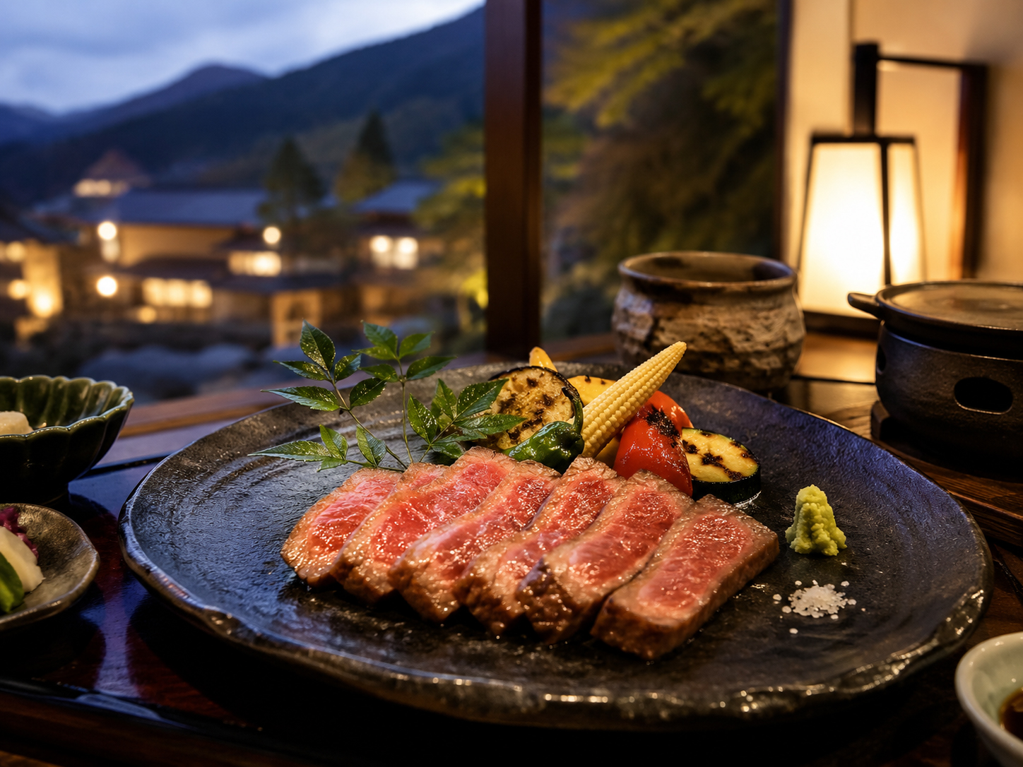 豊後牛ステーキ、由布院の山、温泉旅の食卓。