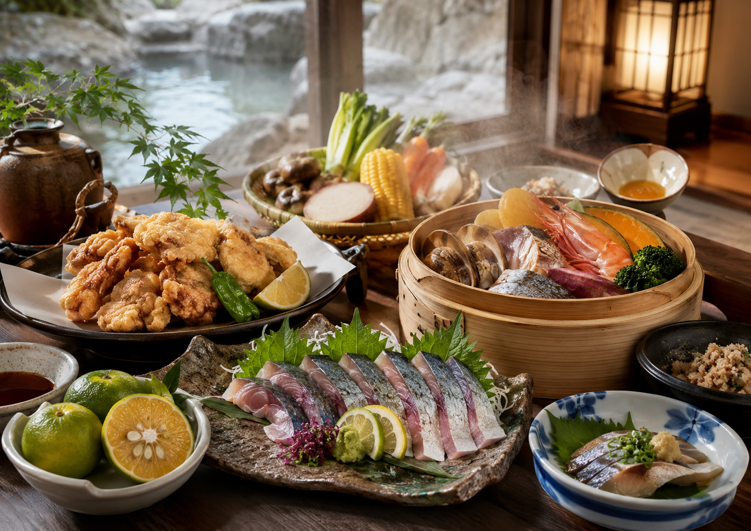 とり天、地獄蒸し、関さば、かぼすが並ぶ大分の食卓。