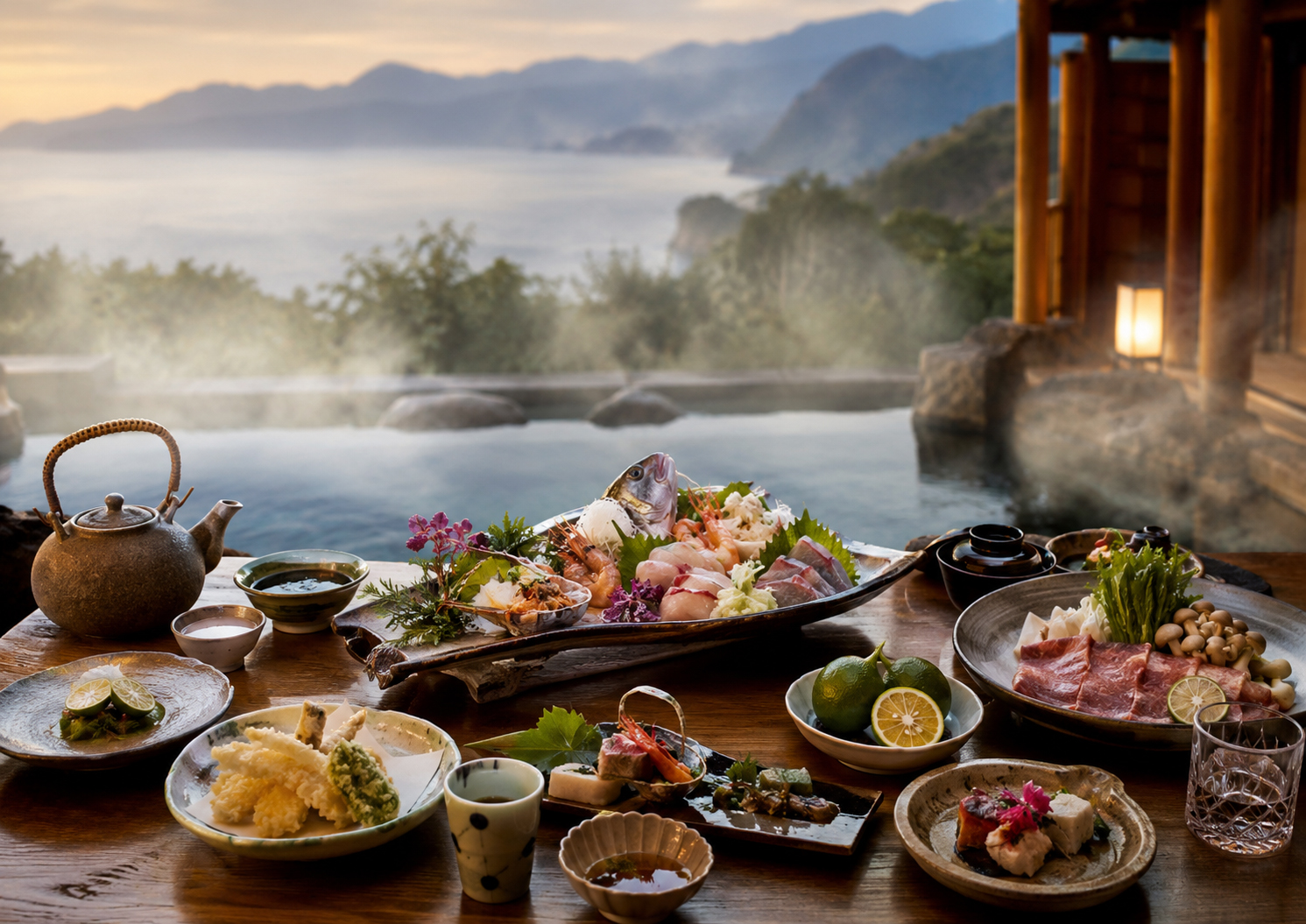大分の温泉、海、山、かぼす、とり天、魚料理を思わせる食卓。
