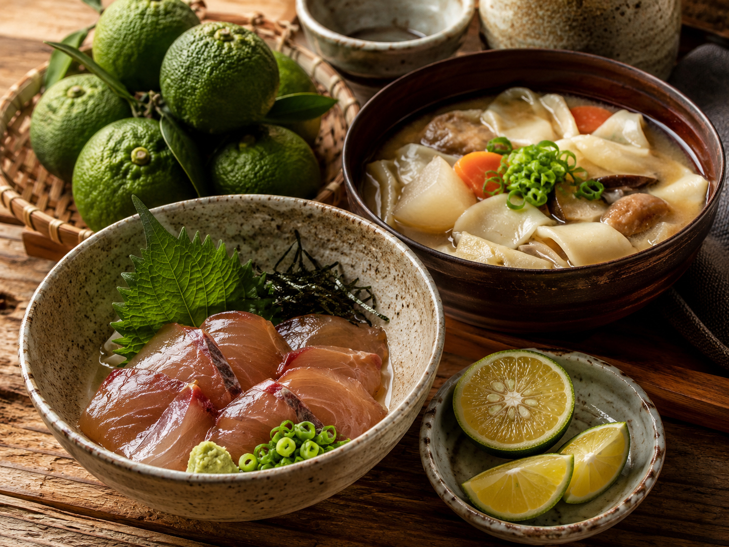 りゅうきゅう、だんご汁、かぼす。大分の郷土料理。