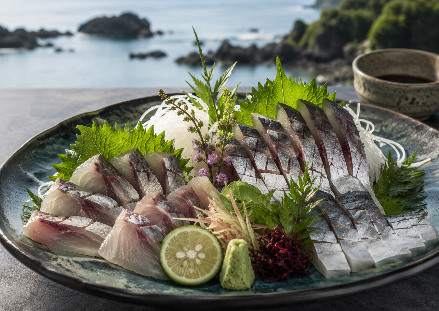 関あじ、関さばの刺身。豊後水道の魚、かぼす、刺身皿。
