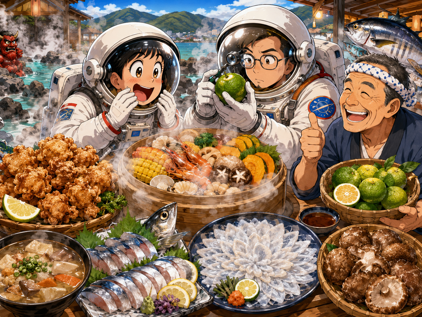 とり天、かぼす、地獄蒸し、関あじ、関さばを前にする宇宙飛行士と大分のおじさん