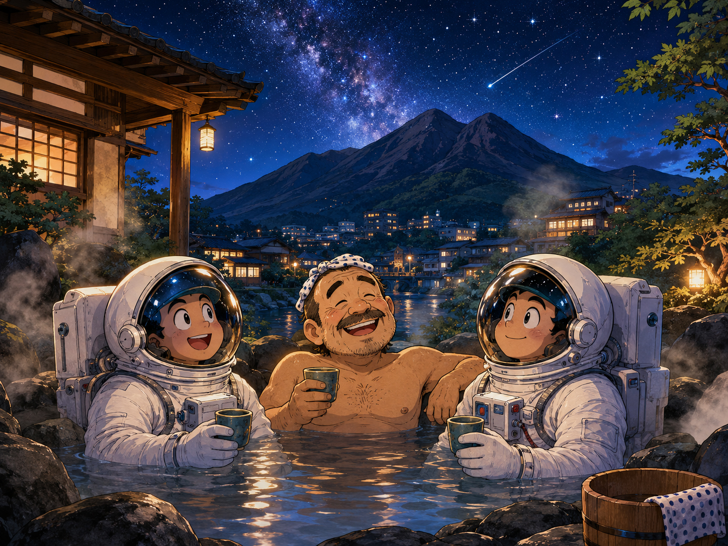 夜の由布院、温泉の湯けむり、星、由布岳を眺める宇宙飛行士と大分のおじさん