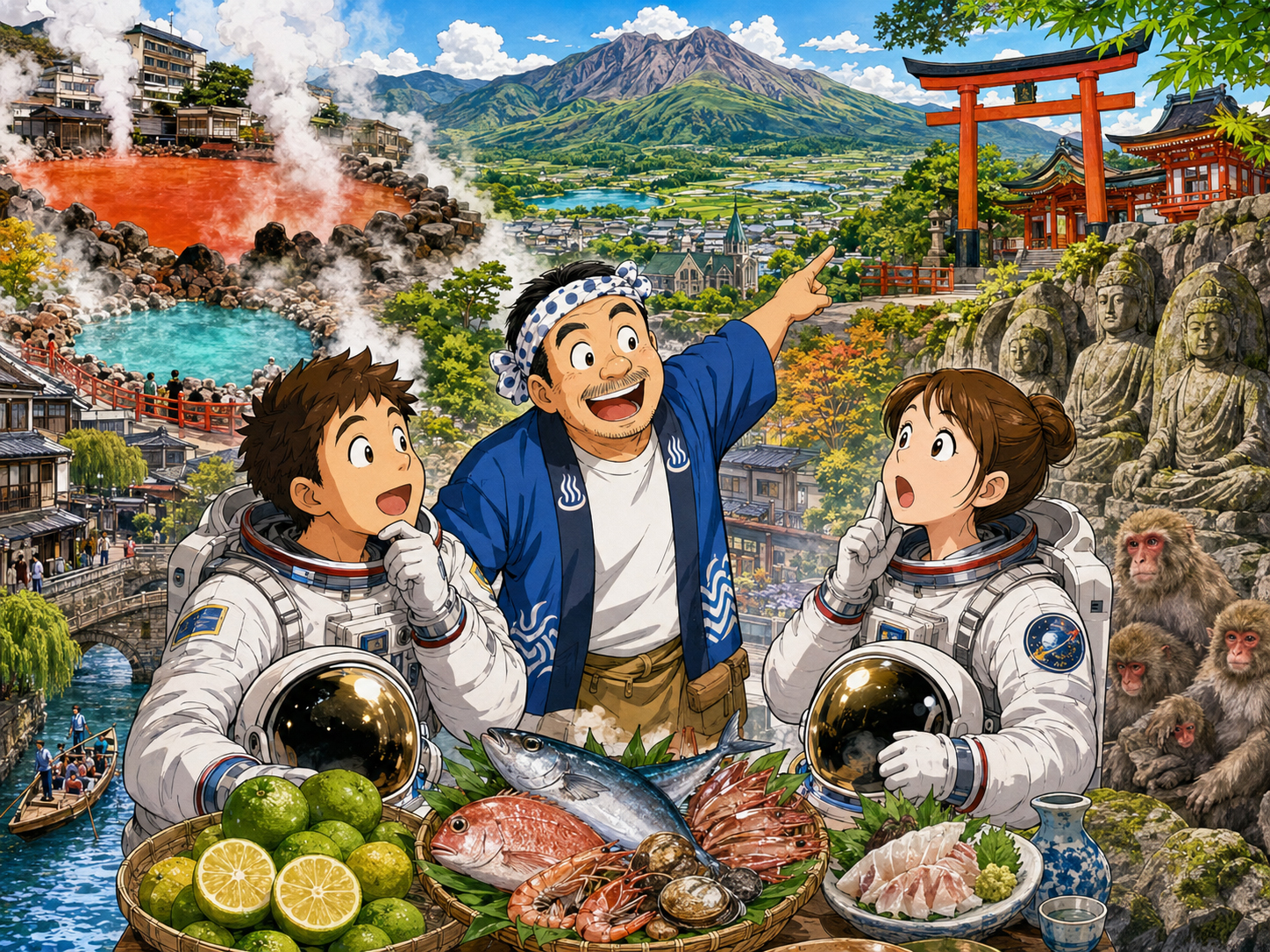 宇宙飛行士に別府、由布院、宇佐、国東を説明する大分のおじさん