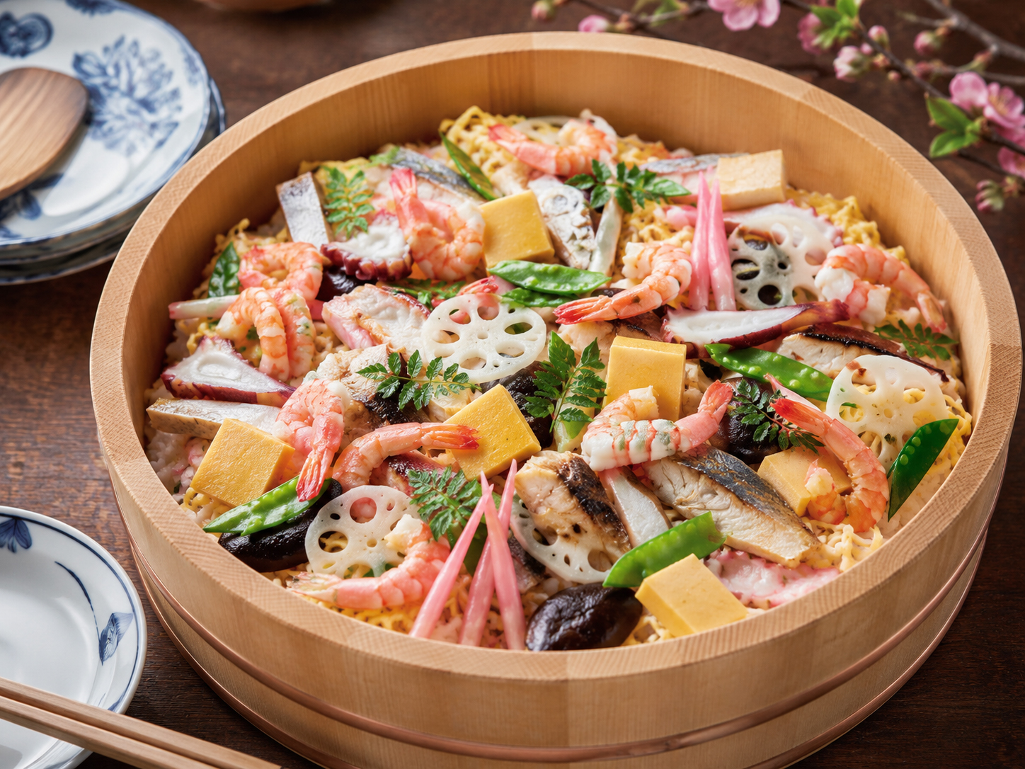 岡山ばら寿司。瀬戸内の魚、野菜、錦糸卵がのる華やかな寿司。