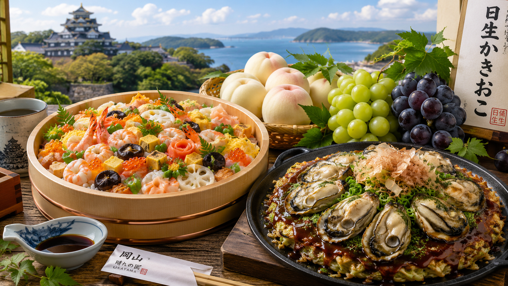 岡山ばら寿司、白桃、マスカット、日生カキオコが並ぶ岡山の食卓。