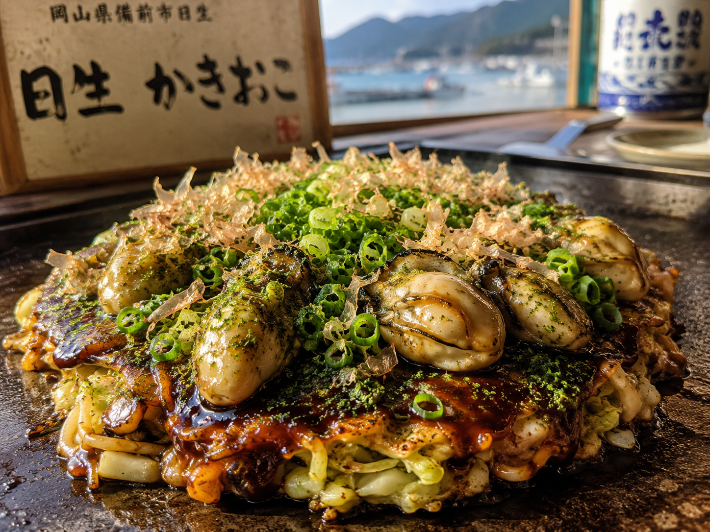 日生カキオコ。牡蠣入りお好み焼き、鉄板、瀬戸内の港町。