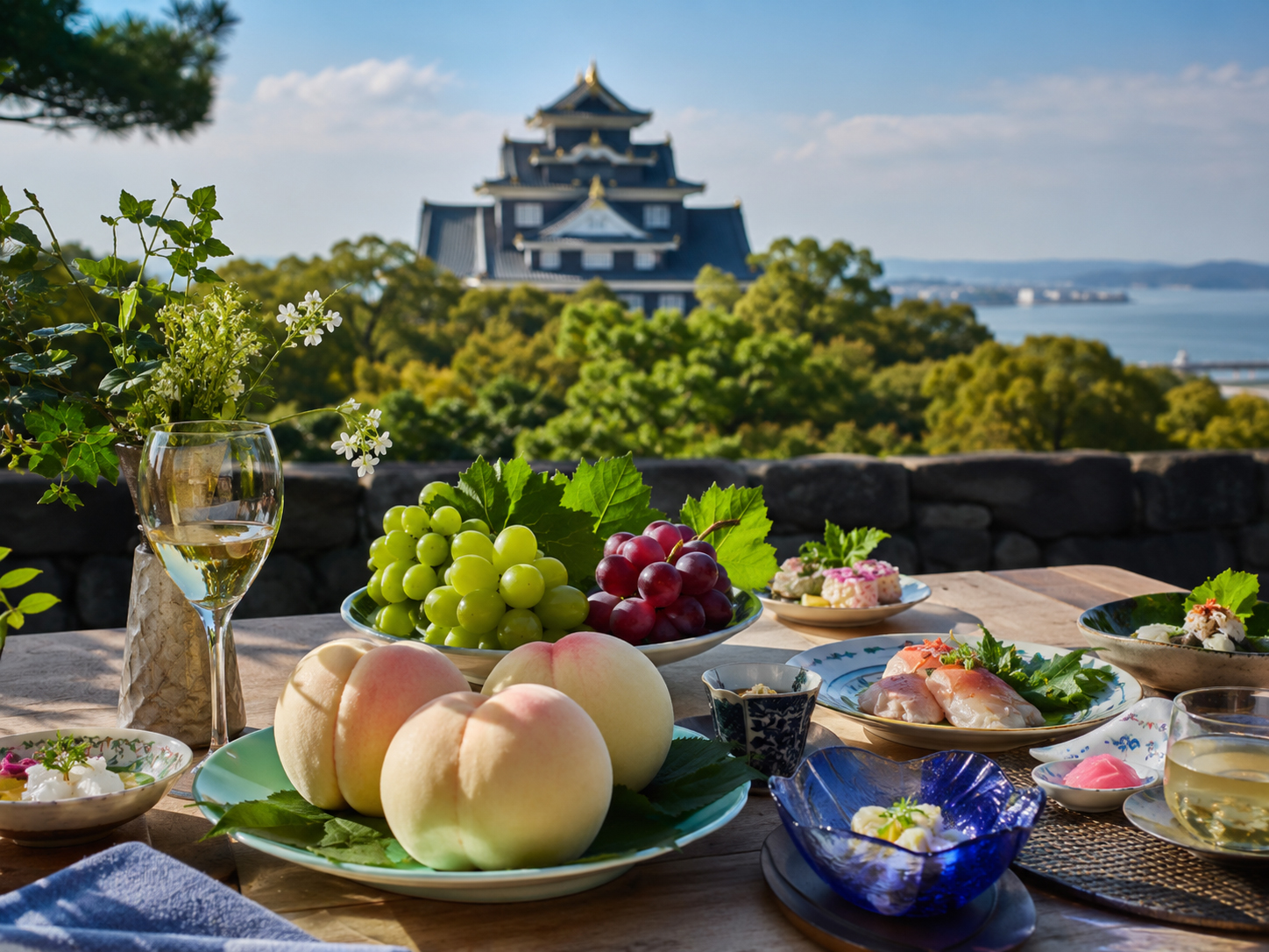 岡山城、瀬戸内、白桃、マスカット、ばら寿司を思わせる食卓。
